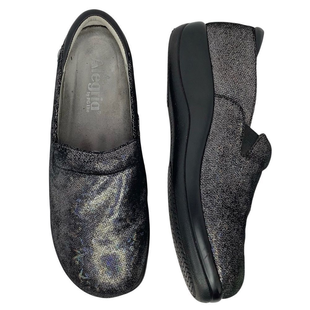 Alegria KEL674 Shard Oh Yay Blue/Black Metallic Leather Women Comfort Clogs 38/8